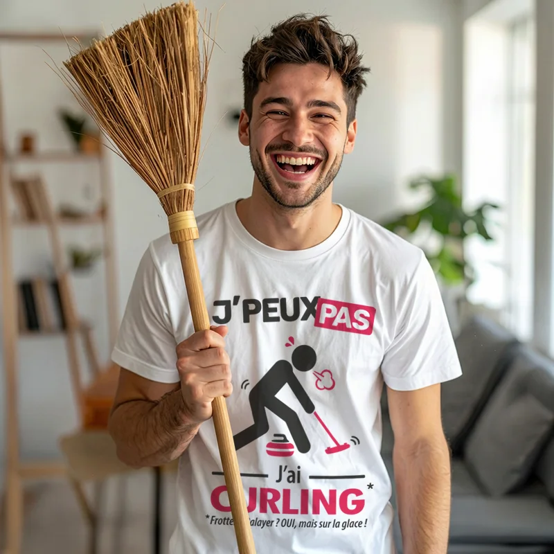 T-shirt homme pas cher 'je peux pas j'ai curling' pour brosser avec humour