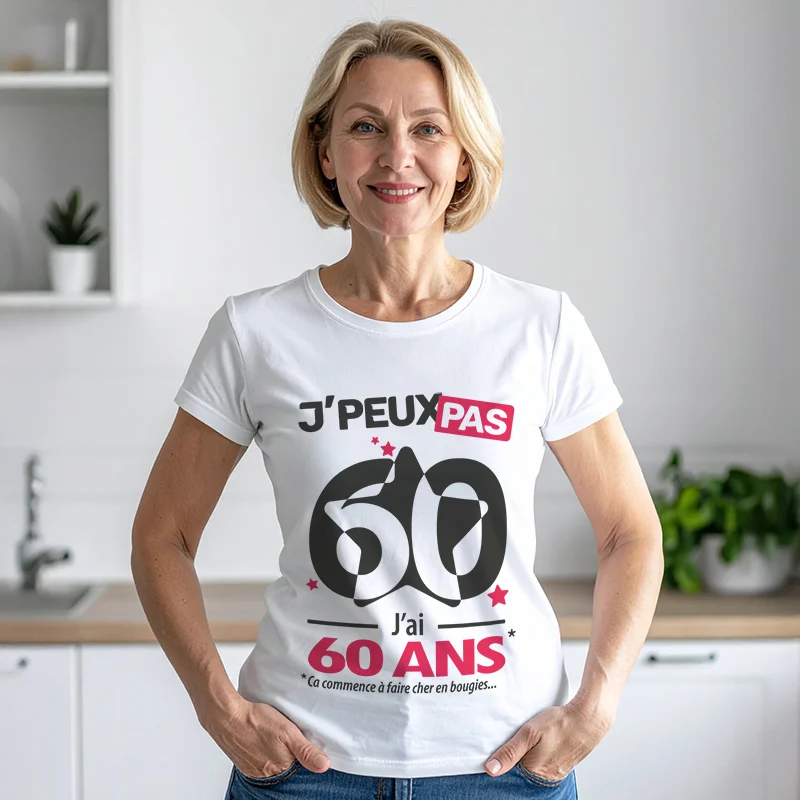 T-shirt anniversaire fun pour femme 'Je peux pas, j'ai 60 ans' personnalisé