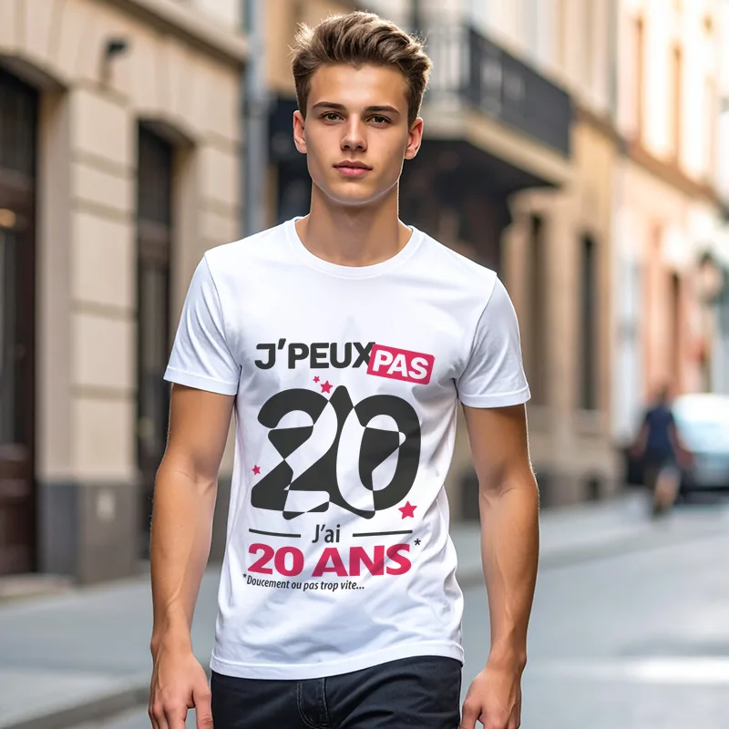 T-shirt homme 'Je peux pas, j'ai 20 ans' pour offrir en cadeau d'anniversaire