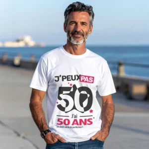 T-shirt homme 'Je peux pas, j'ai 50 ans' pour offrir en cadeau d'anniversaire