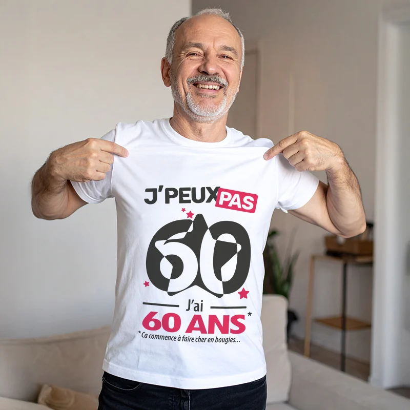 T-shirt homme 'Je peux pas, j'ai 60 ans' pour offrir en cadeau d'anniversaire