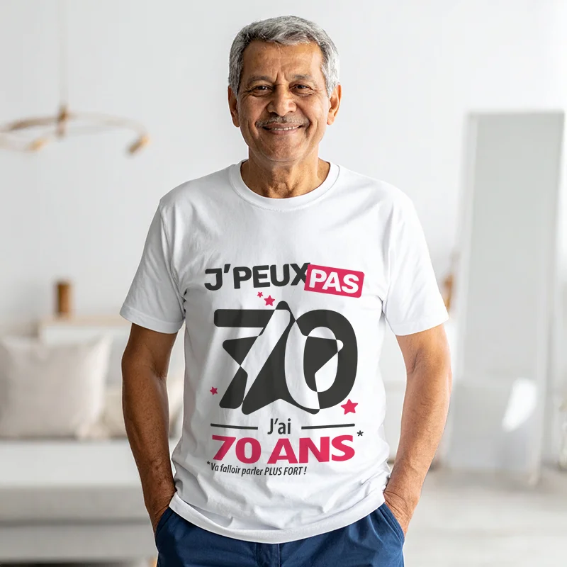 T-shirt homme 'Je peux pas, j'ai 70 ans' pour offrir en cadeau d'anniversaire