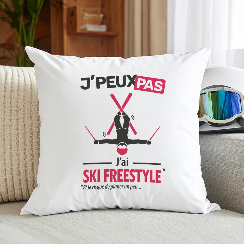 Coussin cadeau unique pour fêter un anniversaire avec 'Je peux pas, j'ai ski freestyle'