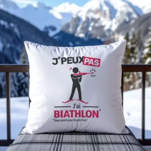 Coussin cadeau original pour fêter un anniversaire avec 'Je peux pas, j'ai biathlon'