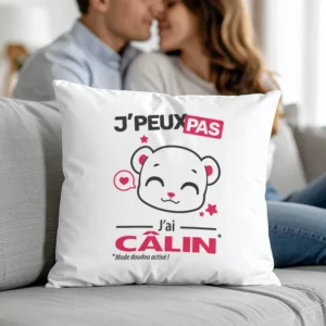Coussin original à offrir en cadeau d'amour avec 'Je peux pas, j'ai câlin'