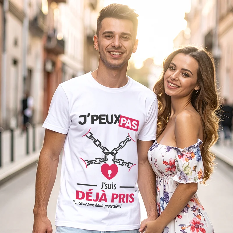 T-shirt homme en couple 'Je peux pas, je suis déjà pris', l'humour à personnaliser