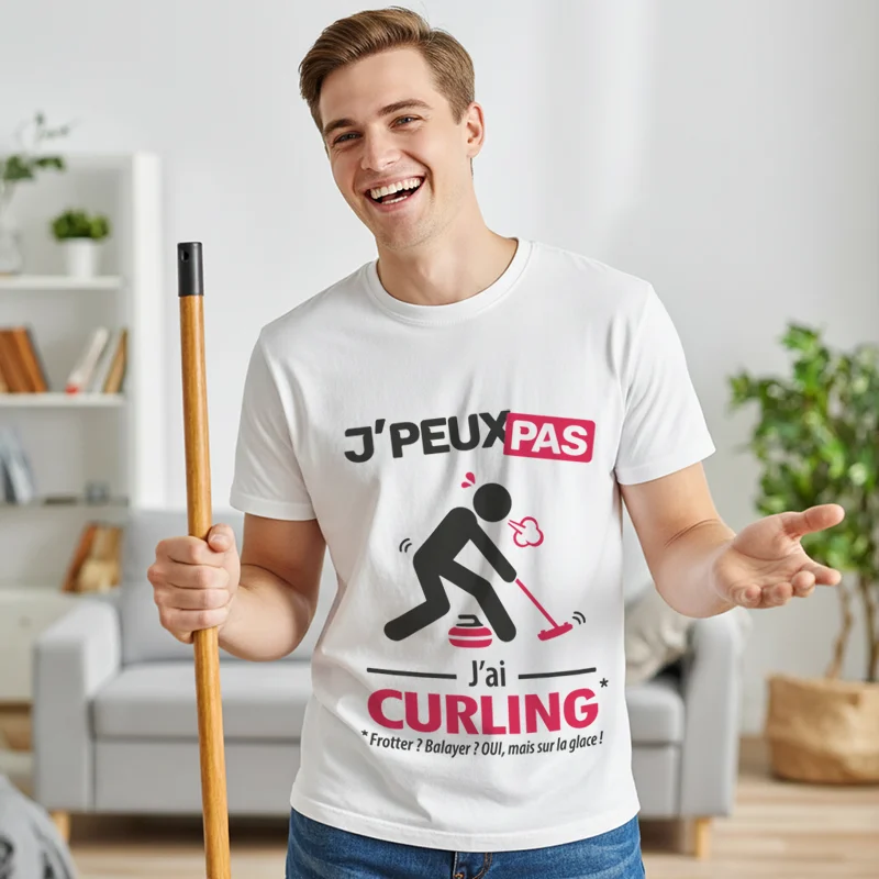 T-shirt homme 'Je peux pas, j'ai curling', cadeau marrant pour frotter et balayer