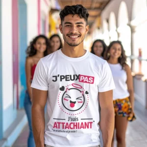 T-shirt pas cher homme 'Je peux pas, je suis attachiant', cadeau au top à offrir
