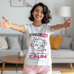 T-shirt pas cher pour femme avec le slogan 'Je peux pas, j'ai câlin'