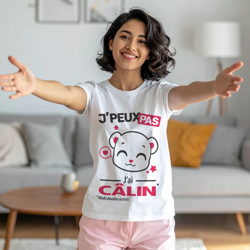 T-shirt pas cher pour femme avec le slogan 'Je peux pas, j'ai câlin'