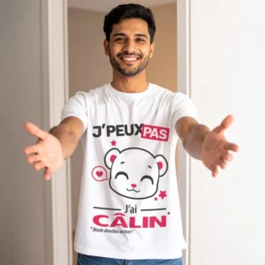 T-shirt homme amoureux 'Je peux pas, j'ai câlin', cadeau idéal et pas cher