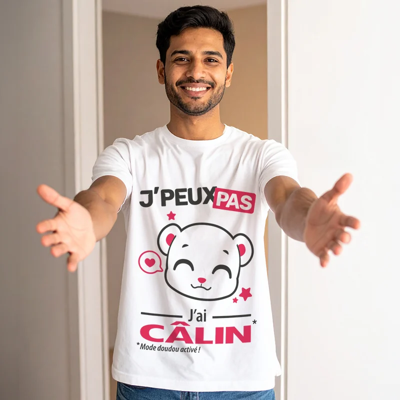 T-shirt homme amoureux 'Je peux pas, j'ai câlin', cadeau idéal et pas cher