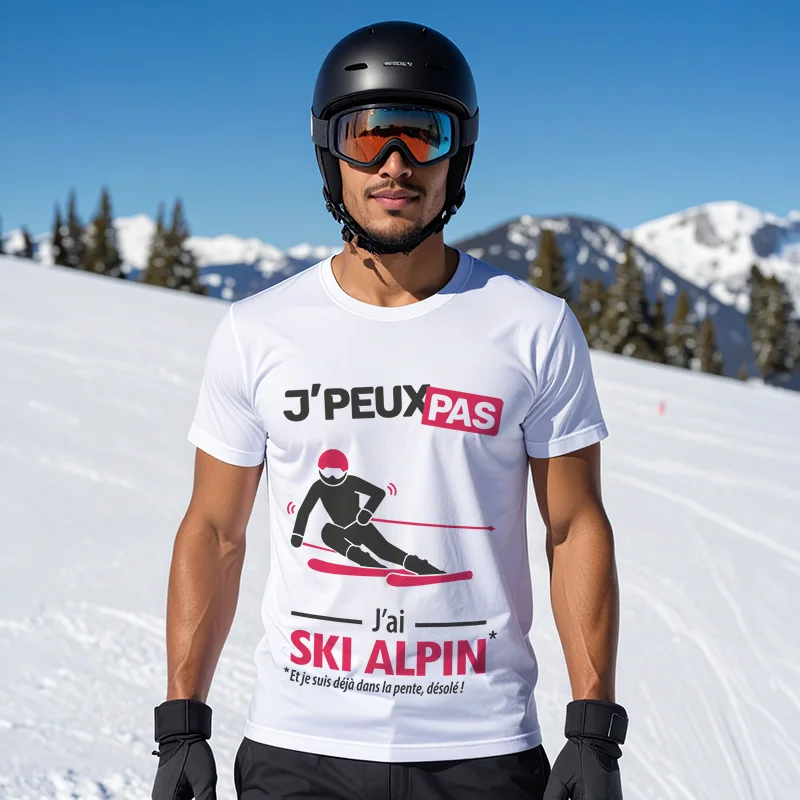 T-shirt homme 'Je peux pas, j'ai ski alpin', cadeau pas cher à offrir en toute occasion