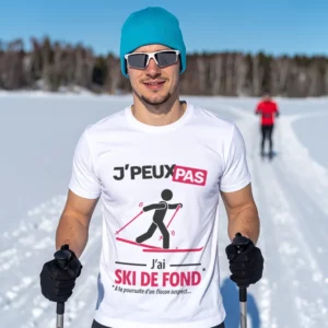 T-shirt blanc pour homme avec le slogan 'Je peux pas, j'ai ski de fond', cadeau idéal et drôle