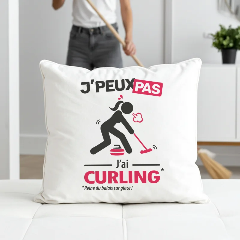 Coussin à offrir avec le slogan 'Je peux pas, j'ai curling' version femme