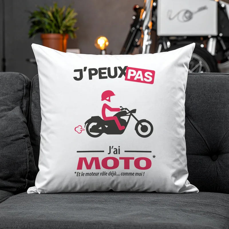 Coussin chopper « Je peux pas, j’ai moto » : une touche garage pour une déco 100% esprit custom.