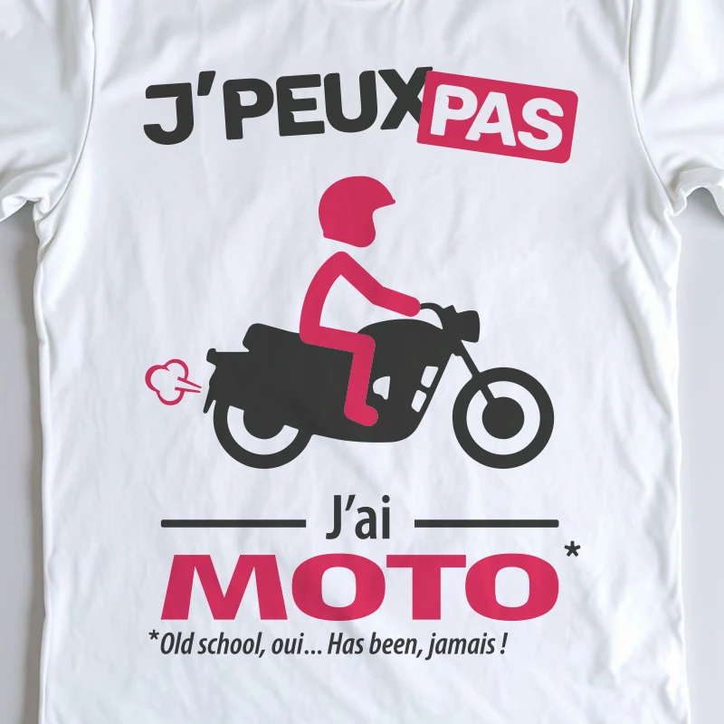 Design homme classic « Je peux pas, j’ai moto » pour les passionnés de vintage.