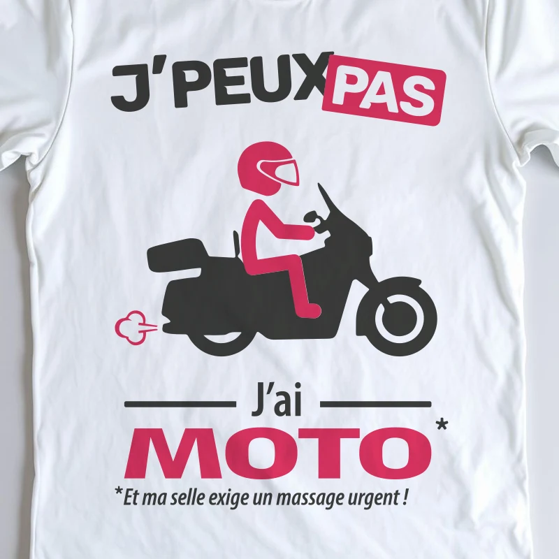 Design homme routière « Je peux pas, j’ai moto » pour les amateurs de road trip.