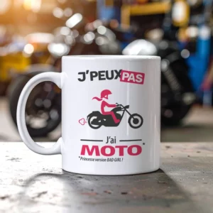 Visuel chopper « Je peux pas, j’ai moto », chaque mug devient un symbole de liberté et d’esprit bikeuse.