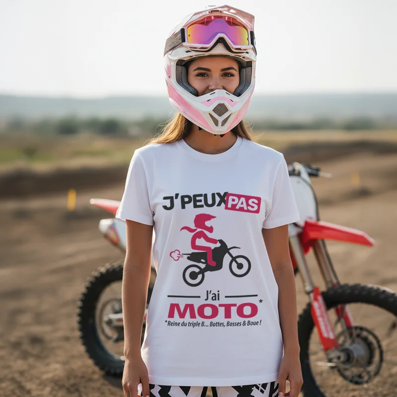 T-shirt femme cross « Je peux pas, j’ai moto » pour les rideuses sans limites.