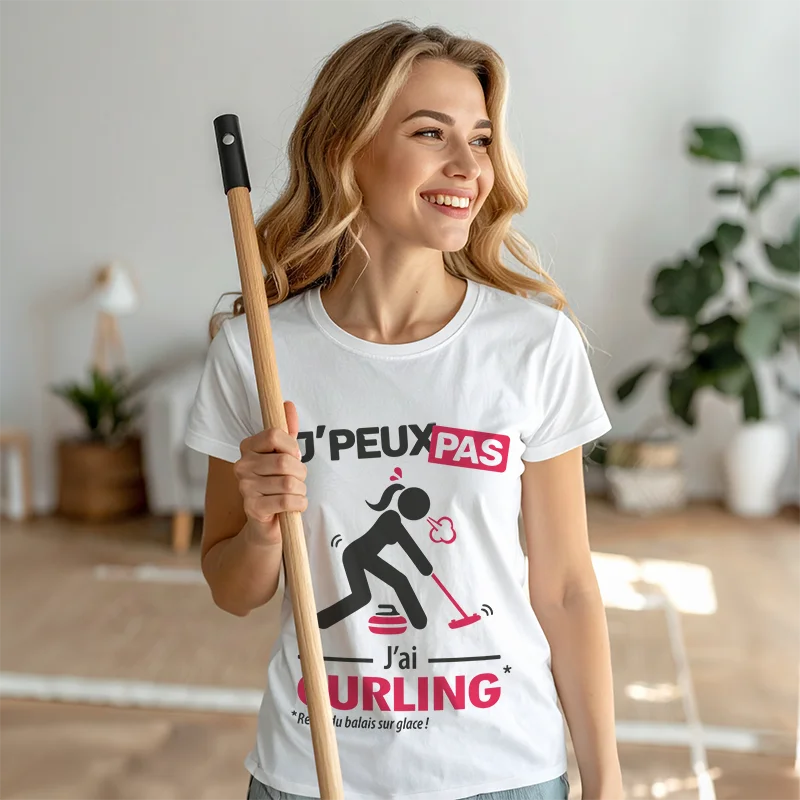 T-shirt femme 'Je peux pas, j'ai curling', cadeau original pour balayer en beauté