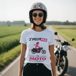 T-shirt femme classic « Je peux pas, j’ai moto » pour une touche rétro chic.