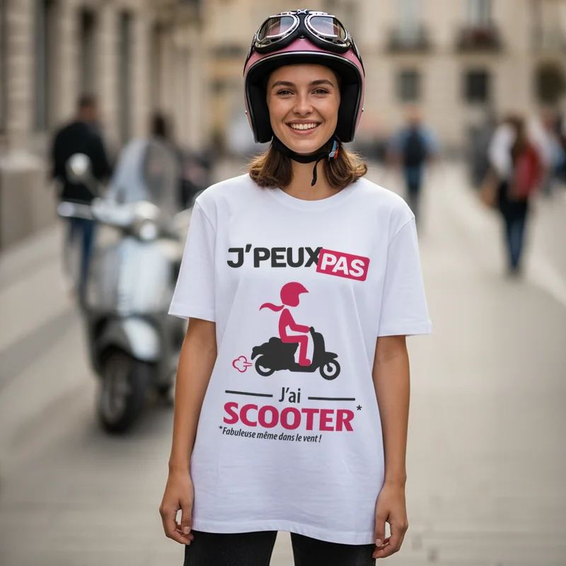 T-shirt femme « Je peux pas, j’ai scooter » : style décontracté et esprit urbain pour les citadines.