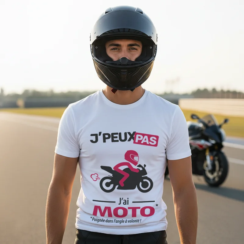 T-shirt homme moto sportive « Je peux pas, j’ai moto » pour les amateurs de vitesse.