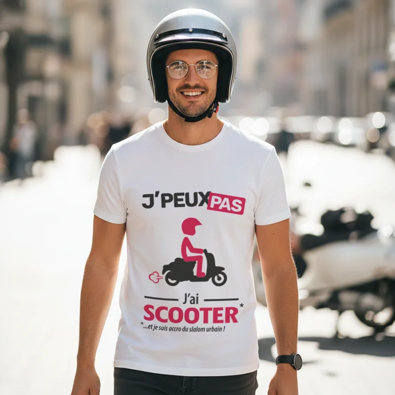 T-shirt homme « Je peux pas, j’ai scooter » pour les urbains qui vivent la ville en mode deux-roues.