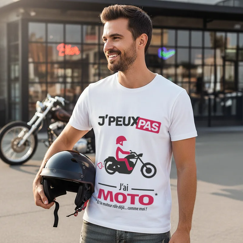 T-shirt homme chopper « Je peux pas, j’ai moto » pour les bikers au style libre et affirmé.