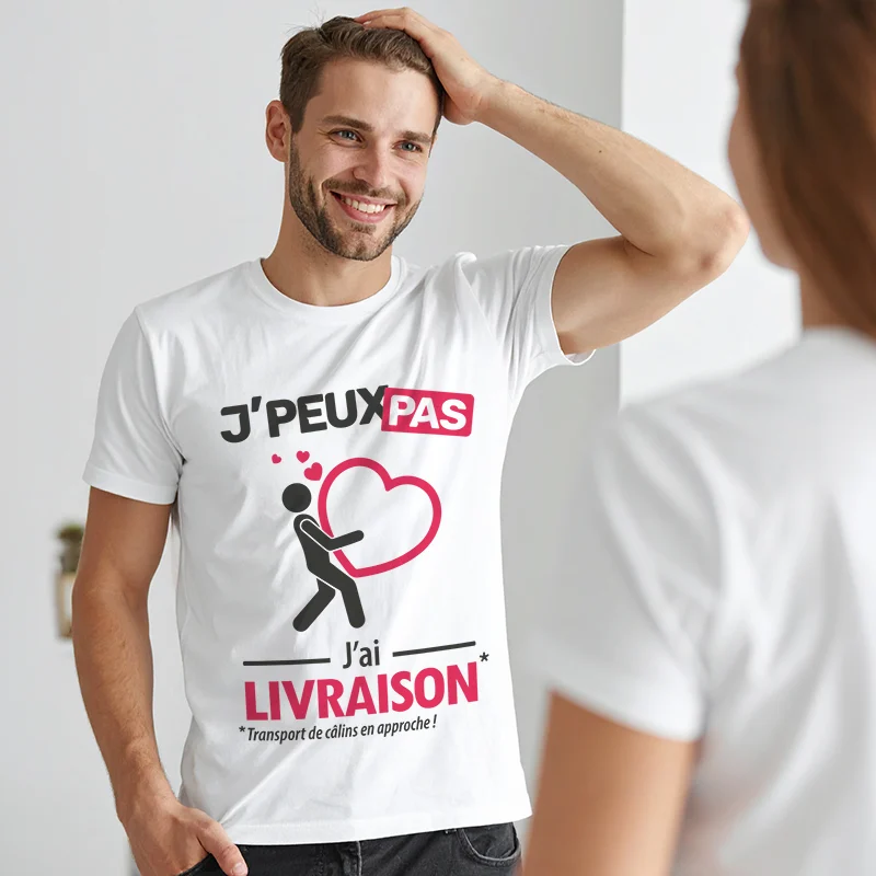 T-shirt homme 'Je peux pas, j'ai livraison', cadeau drôle pour transporter des câlins