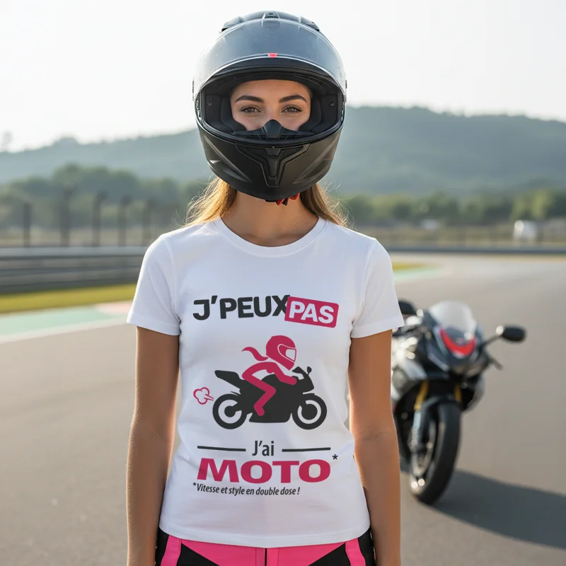 T-shirt femme moto sportive « Je peux pas, j’ai moto » pour les rideuses dynamiques.