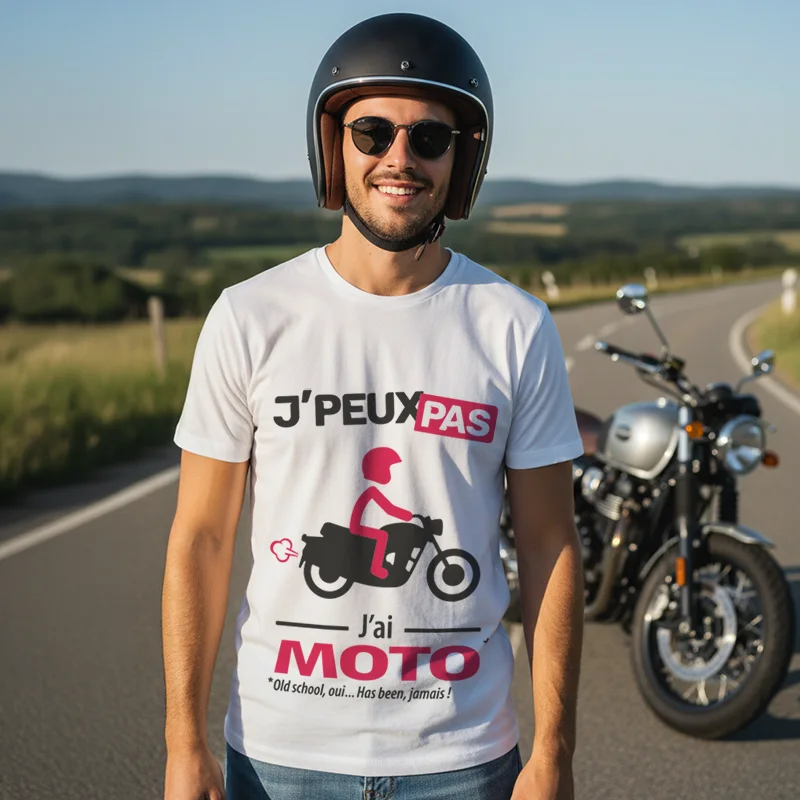 T-shirt homme classic « Je peux pas, j’ai moto » pour un style simple et intemporel.