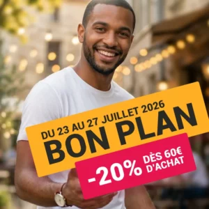 Un homme portant un modèle de la boutique t-shirt "Je peux pas" à prix 'Bon Plan'.