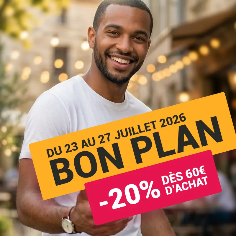 Un homme portant un modèle de la boutique t-shirt "Je peux pas" à prix 'Bon Plan'.