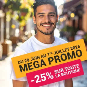 Promotion de fin juin avec 25 % de réduction sur les t-shirts, mugs, coussins, stickers et sweats 'je peux pas'