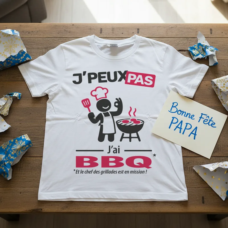 T-shirt cadeau humour 'je peux pas j'ai BBQ' et carte Bonne Fête Papa