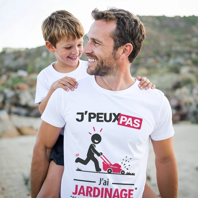 T-shirt offert par un fils à son père pour sa fête avec le design 'je peux pas j'ai jardinage'