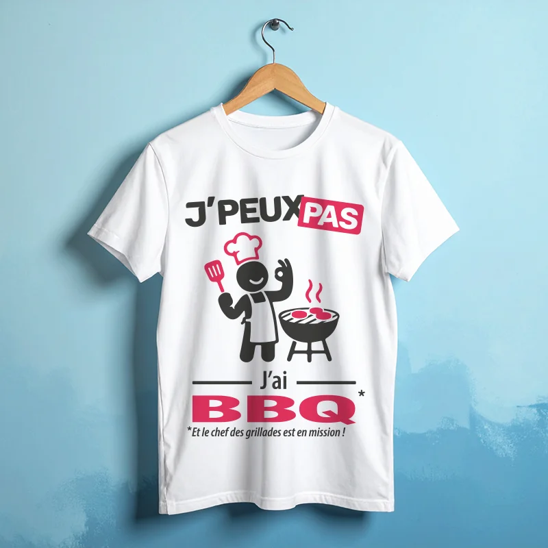 T-shirt homme humoristique 'je peux pas j'ai BBQ' pour fan de grillages