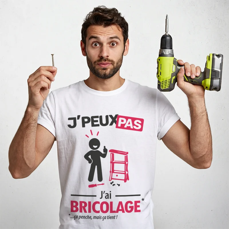 Design de t-shirt homme drôle 'je peux pas j'ai bricolage' de meubles un peu penchés
