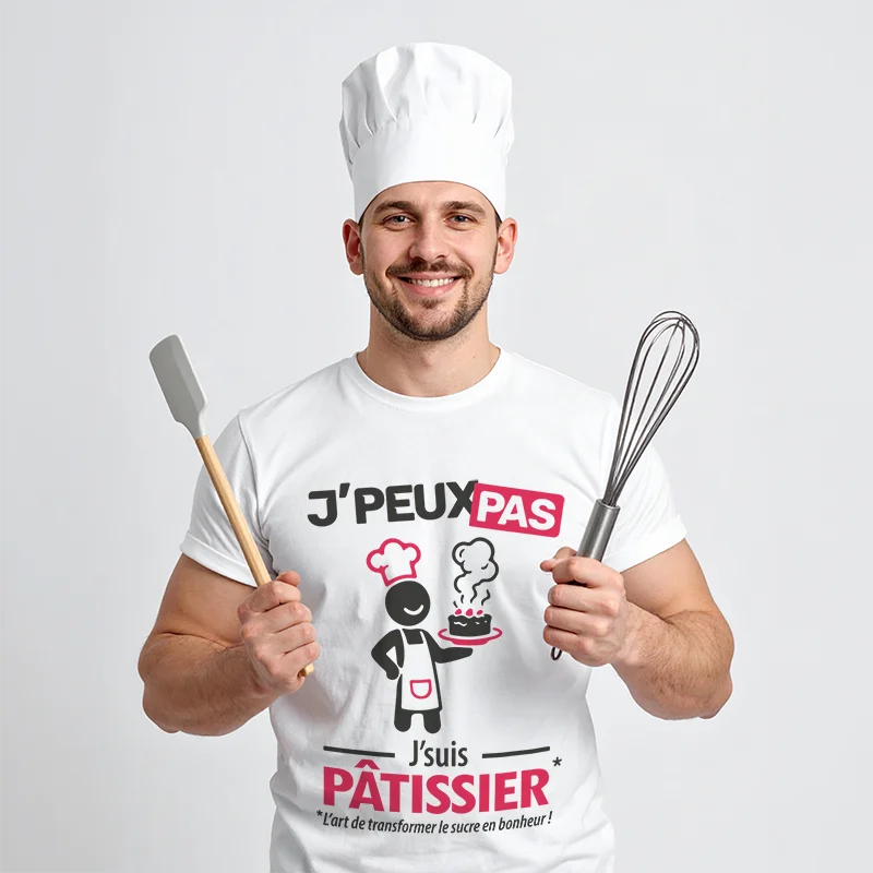 T-shirt blanc homme fun et drôle 'je peux pas je suis pâtissier'