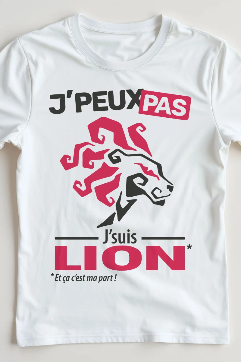 Détail sur l'impression de t-shirt 'Je peux pas je suis Lion'