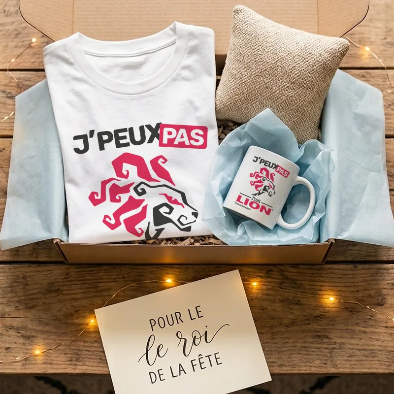 Idées cadeaux tendances 'je peux pas' avec t-shirt et mug assortis du signe astrologique Lion