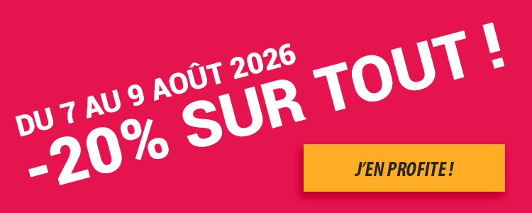 Bannière promo : Du 07 au 09 août 2026, réduction de 20% sur tout.