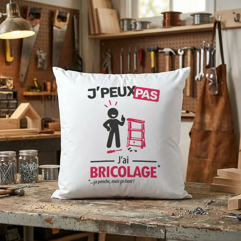 Coussin déco avec slogan humoristique 'je peux pas j'ai bricolage' installé dans un atelier