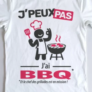 Détail de l'impression sur t-shirt cadeau 'Je peux pas j'ai BBQ'