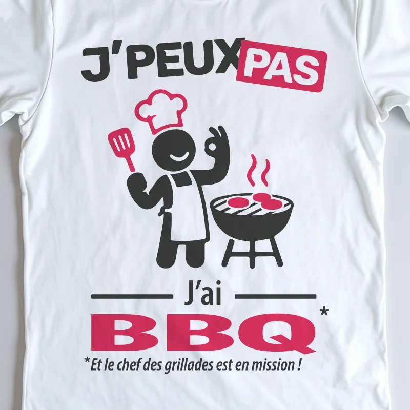 Détail de l'impression sur t-shirt cadeau 'Je peux pas j'ai BBQ'