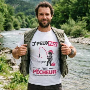 T-shirt homme humoristique 'Je peux pas j'suis pêcheur' pour partir en pleine nature