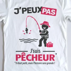 Zoom sur le design de t-shirt blanc 'Je peux pas j'suis pêcheur'