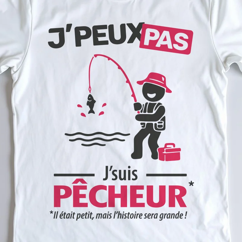 Zoom sur le design de t-shirt blanc 'Je peux pas j'suis pêcheur'